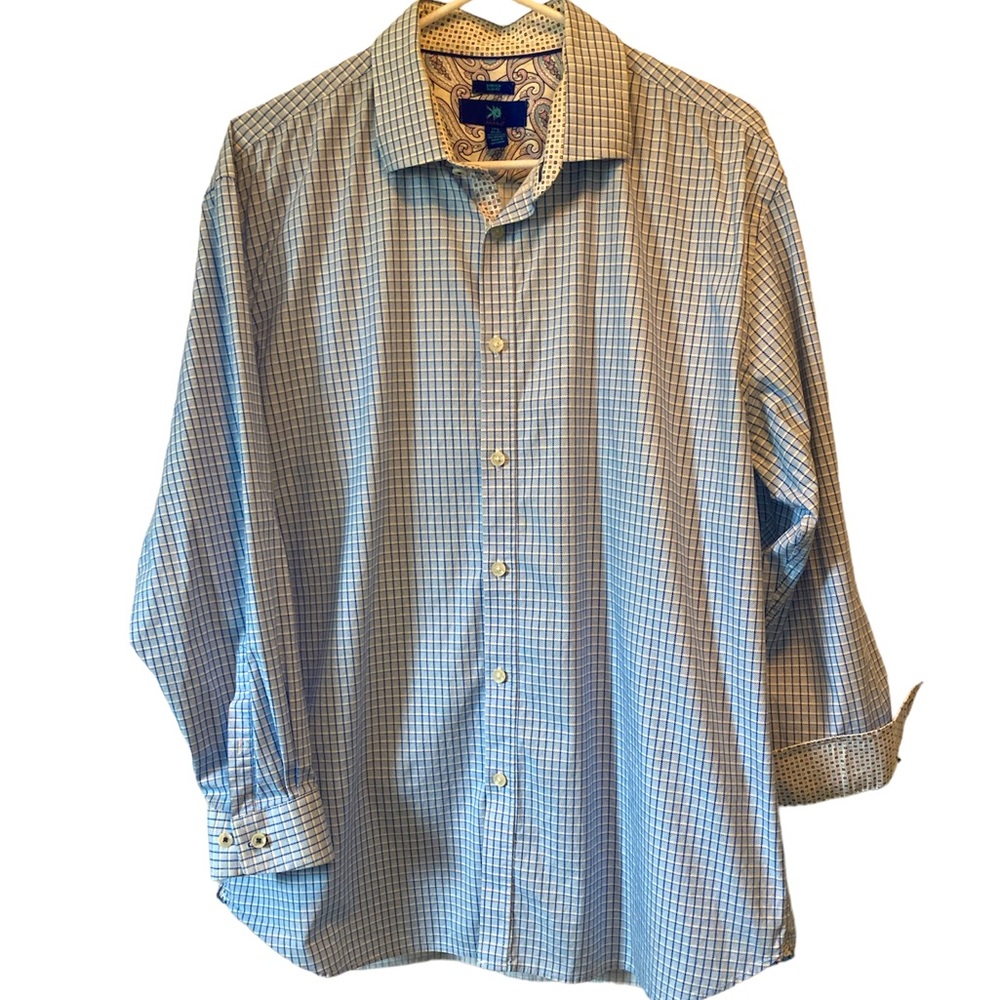 Egara Plaid Check Shirt Contrasting Flip Cuffs Stretch Slim Cut Sz 17.5 32/33